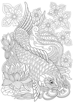 Zentangle stylized cartoon koi carp, isolated on white background. Hand drawn sketch for adult antistress coloring page, T-shirt emblem, logo or tattoo with doodle, zentangle, floral design elements.