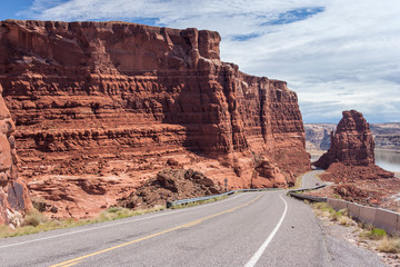 Highway descending to Lake Powell and Colorado River in Glen Canyon National Recreation  Area