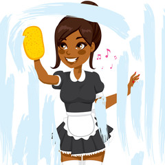 Beautiful African American woman in maid dress working cleaning window with soap sponge