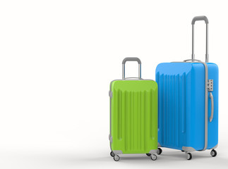 green and blue luggages on white background