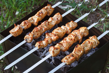 Barbecue skewers with meat on the brazier. Chicken shish kebab