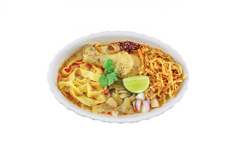 Thai Northern Style Yellow Curried Soup Noodle with chicken Isolated on White Background