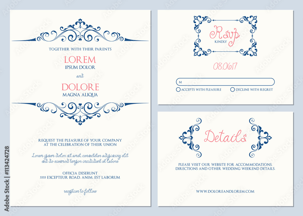 Wall mural wedding invitation suite. wedding invitation, response card, and rsvp card.