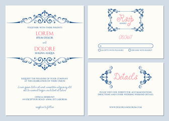 Wedding invitation suite. Wedding invitation, Response card, and RSVP card. 