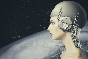 Cyborg woman, abstract science and technology backgrounds. NASA © Dmytro Tolokonov
