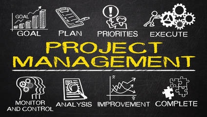 project management with business elements drawn on blackboard