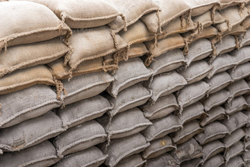 Background of sandbags for flood defense or military use