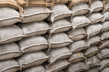 Background of sandbags for flood defense or military use
