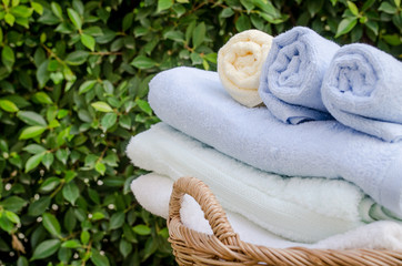Selective focus of rolled bath towels at home