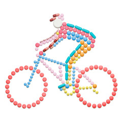 Professional roadie / Doping drugs and pills in the shape of a road bicycle racer on a bike.