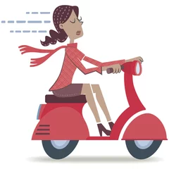 Foto op Plexiglas Woman on a scooter. Retro style illustration of a woman traveling on a motorbike.  © javieruiz