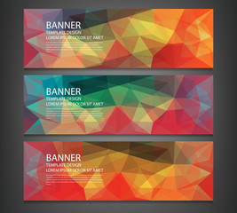 Three banners with abstract multicolored polygonal mosaic background. Modern geometric triangular pattern. Business design template. Website header template. Vector