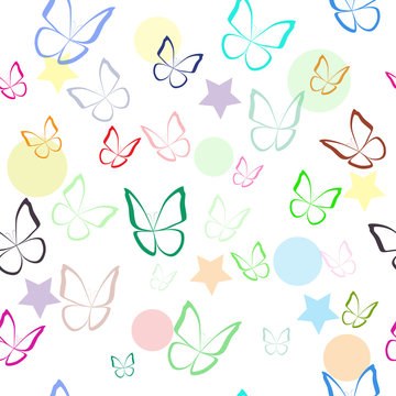 Seamless pattern with colorful hand drawn outline butterflies. Spring summer background. Vector illustration