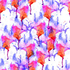 Seamless watercolor splashes pattern. Aquarelle magenta, orange and purple shades, looks like flames, on white background. Abstract texture. Textile print. Wallpaper.