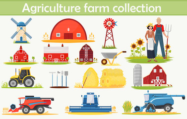 Farm Agriculture infographics elements set with technical equipment, buildings and other tools.