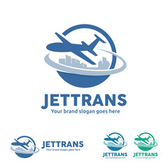 Jet Aircraft with Globe and City Skyline symbol for Travel Agency, Tour company, Air Ticket Agency, Air transport Business.