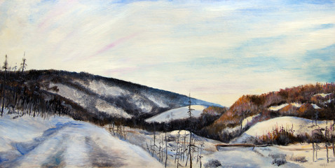Obraz premium Oil painting. The snowy mountains at sunset