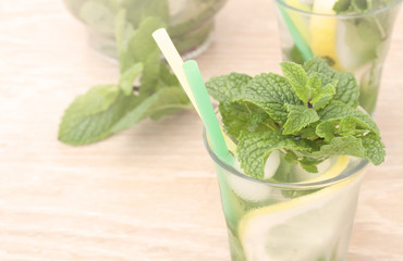 Glass of mint lemonade. Close-up