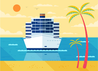 illustration of cruise ship in sea, front view, near beach, palm trees