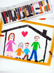 Colorful drawing: happy family at home