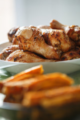 Grilled asian chicken drumsticks with sweet potato chips