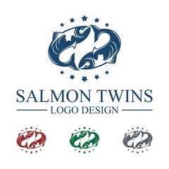 Twins Salmon Logo With Star, Salmon Logo, Fish Logo Design Vector Template