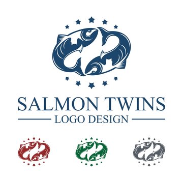 Twins Salmon Logo With Star, Salmon Logo, Fish Logo Design Vector Template