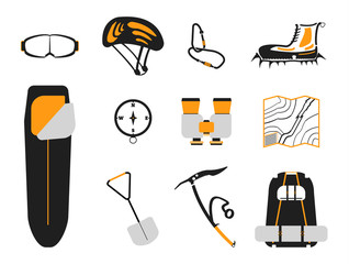Сlimbing set: carbines, Ice ax, boots with crampons, backpack, compass,  sleeping bag, goggles, binoculars, helmet, map, shovel on white background. Vector illustration.