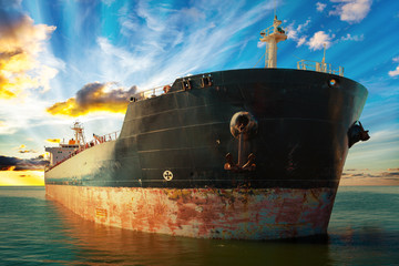 Big ship at sunset - view from the bow.