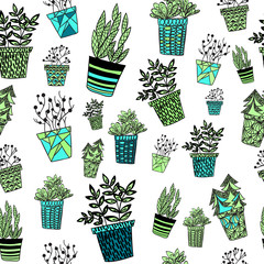 Colorful plants in pots.Vector seamless pattern