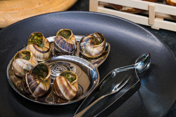 Prepared snails with garlic and parsley in black plate