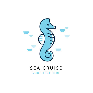Vector concept of logo with seahorse in a linear style.
