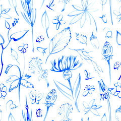 Blue wild flowers.Floral seamless pattern with dandelion, cornflower,lily of the valley,clover,berry, acorn and insects.Watercolor hand drawn illustration.White background.