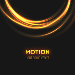 The rings of light with sparkling lines. Bokeh particles on the swirling circles. Motion element on dark background glowing light. Shiny neon color dodge effect. Vector illustration.