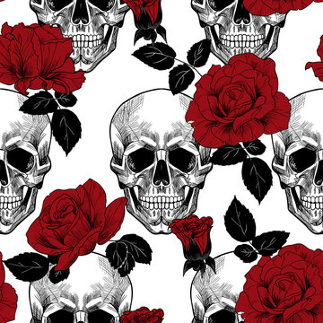 Skull and red roses. vector seamless pattern