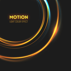 The rings of light with sparkling lines. Bokeh particles on the swirling circles. Motion element on dark background glowing light. Shiny neon color dodge effect. Vector illustration.