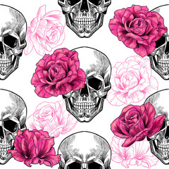 Crâne et roses. Modèle sans couture de vecteur