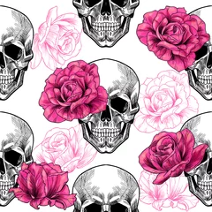 Papier peint Crâne humain en fleurs Crâne et roses. Modèle sans couture de vecteur