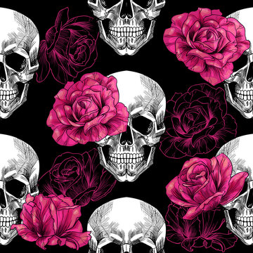 Skull and roses .Vector seamless pattern