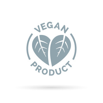 Vegan product icon. Vegan product sign with leaf in heart shape design. Vector illustration.