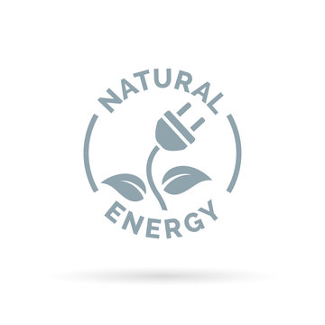 Natural eco energy icon with electric plug, plant and leaf symbols. Renewable self sufficient natural electricity sign. Vector illustration.