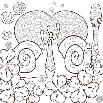 Cute snails in magic forest adult coloring book page. Clover leaves, shells, heart and mushroom.Vector illustration.