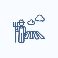 Farmer with pitchfork at field sketch icon.