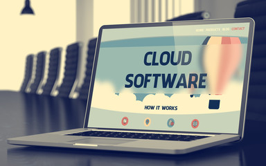 Cloud Software - Landing Page with Inscription on Laptop Screen on Background of Comfortable Conference Hall in Modern Office. Closeup View. Toned Image. Selective Focus. 3D Illustration.