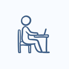 Businessman working on laptop sketch icon.