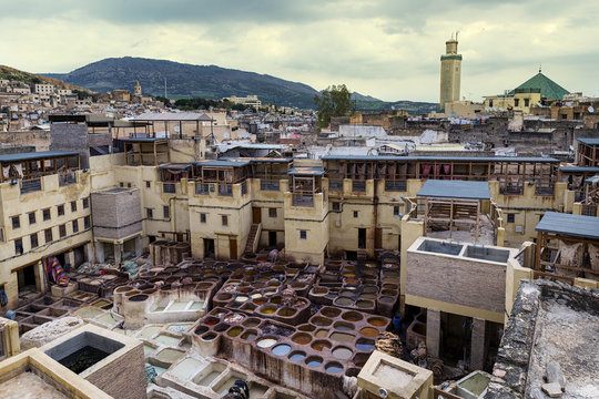 View of a tannery in the city of Fez, in Morocco