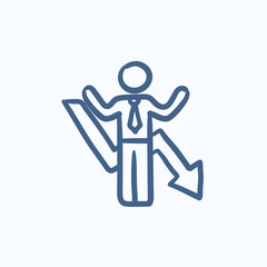 Businessman with arrow down sketch icon.