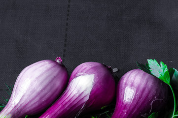 Panele Szklane Podświetlane  Cebula z zieleniną na stole. Sałata i salami. Ziarno ryżu.
