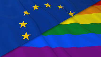 Gay Pride in Europe Concept - Split Rainbow Flag and European Union Flag 3D Illustration