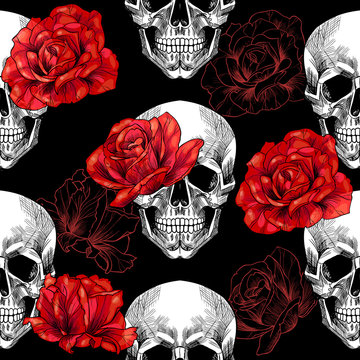 Skull and red roses on black background .Vector seamless pattern